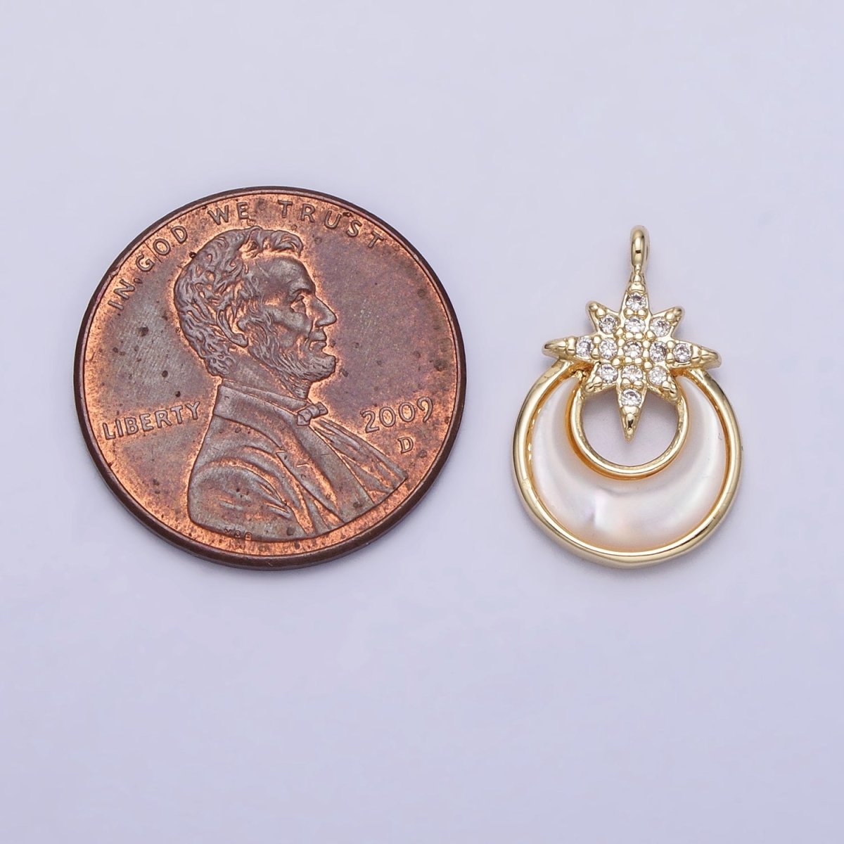 14K Gold Filled Celestial North Star Crescent Moon Shell Pearl Charm | AC1049 - DLUXCA