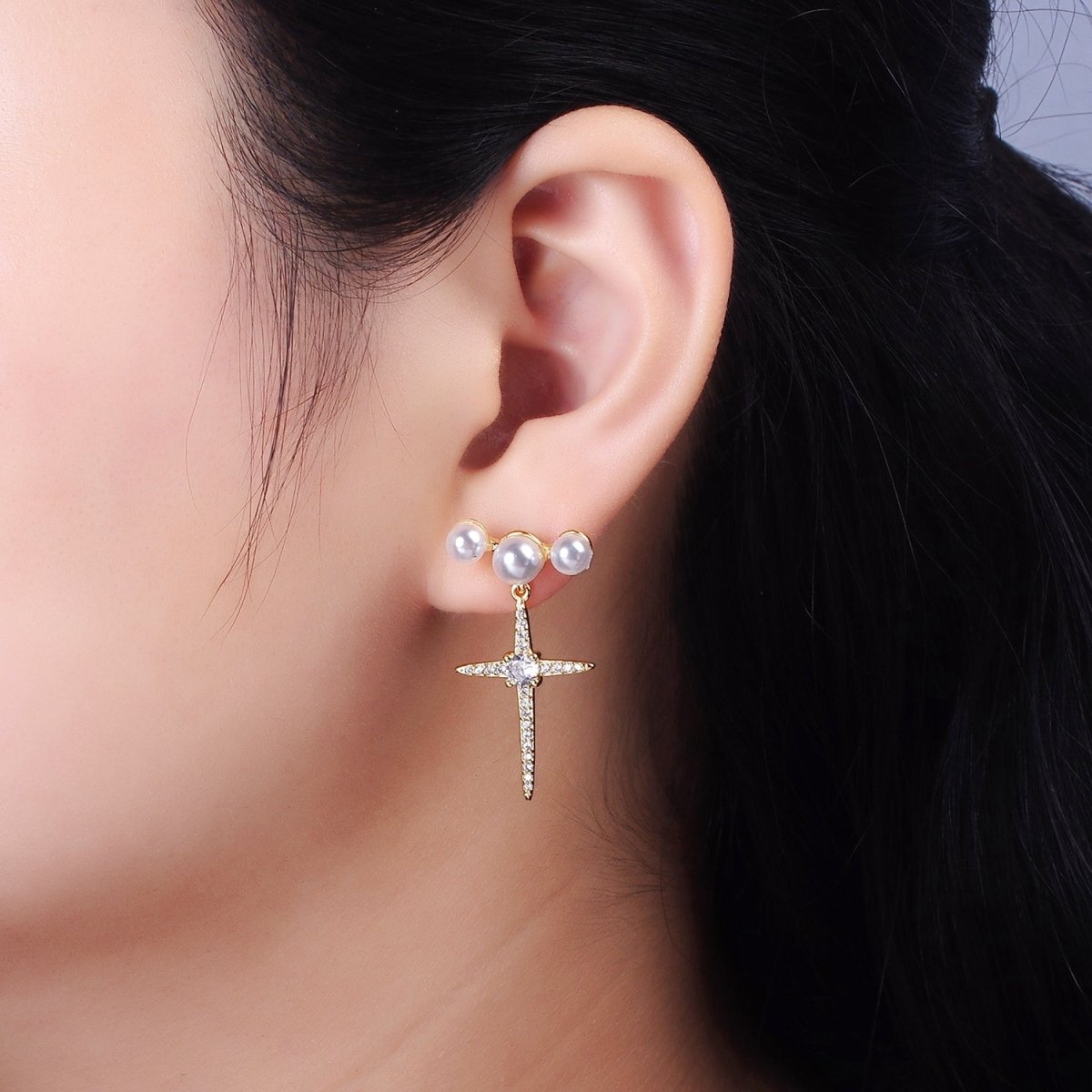 14K Gold Filled Celestial North Star Micro Paved CZ Triple Pearl Stud Earrings in Gold & Silver | AE-1041 AE-926