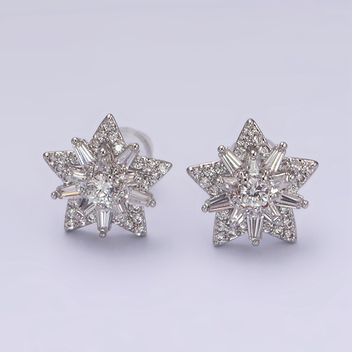 14K Gold Filled Celestial Star Baguette Micro Paved CZ Stud Earrings in Gold & Silver | V271