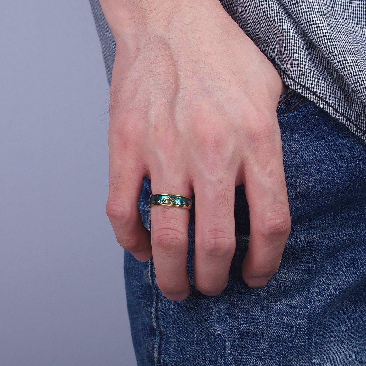 14K Gold Filled Celestial Sun Crescent Moon Blue Band Ring Set in Silver & Gold | O1070 O1071
