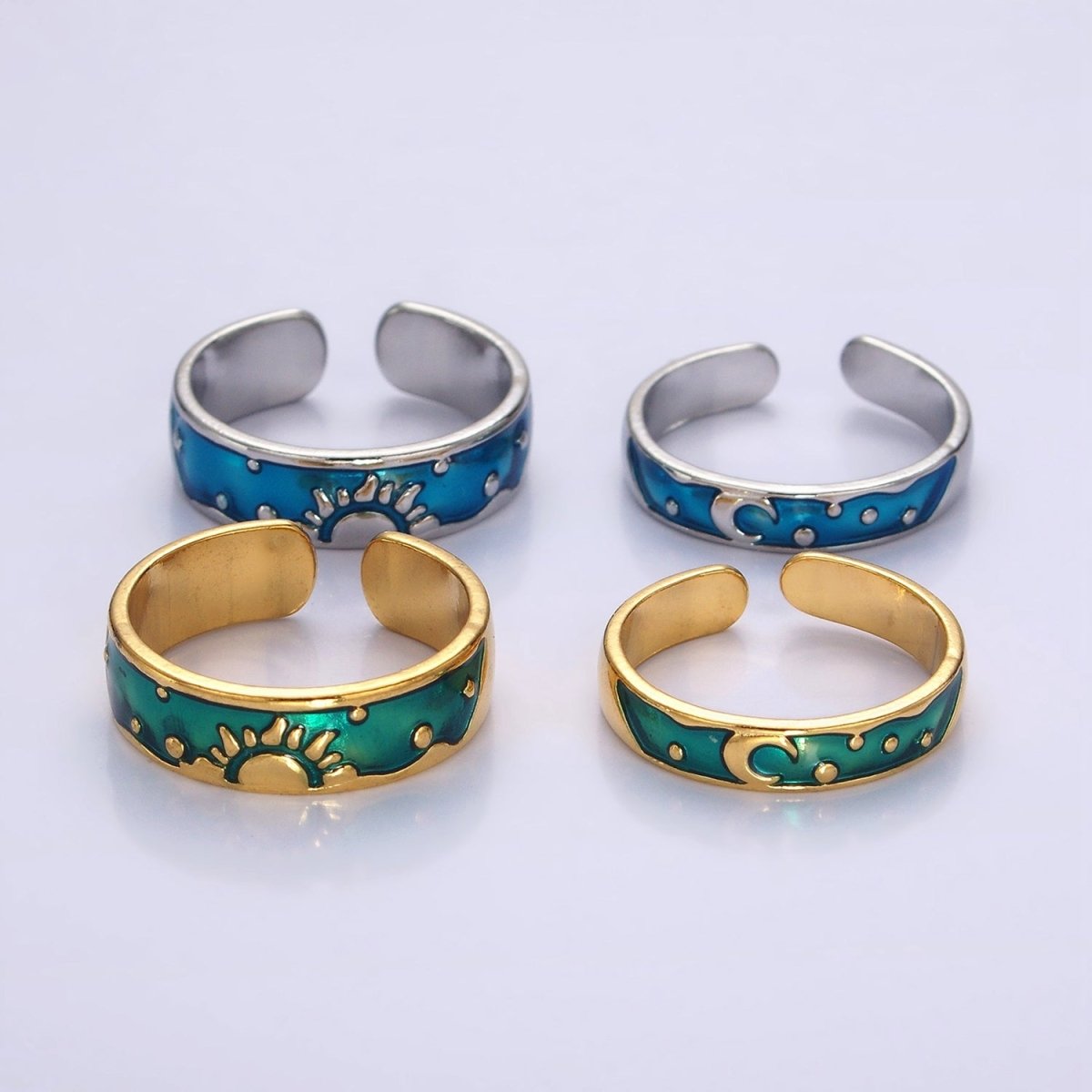 14K Gold Filled Celestial Sun Crescent Moon Blue Band Ring Set in Silver & Gold | O1070 O1071