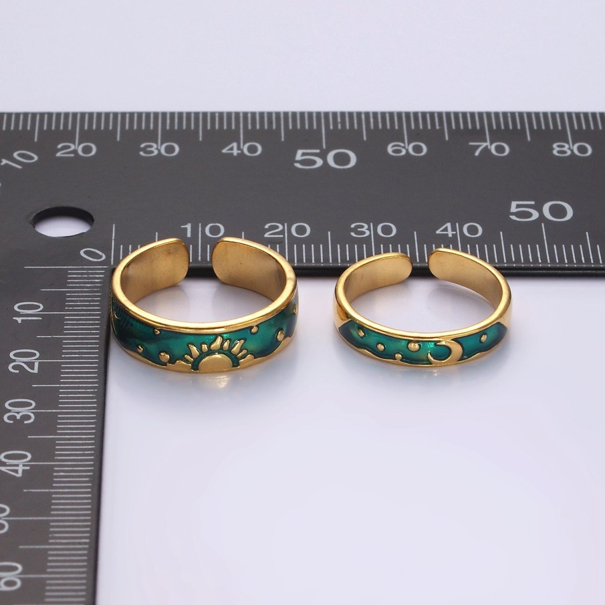 14K Gold Filled Celestial Sun Crescent Moon Blue Band Ring Set in Silver & Gold | O1070 O1071