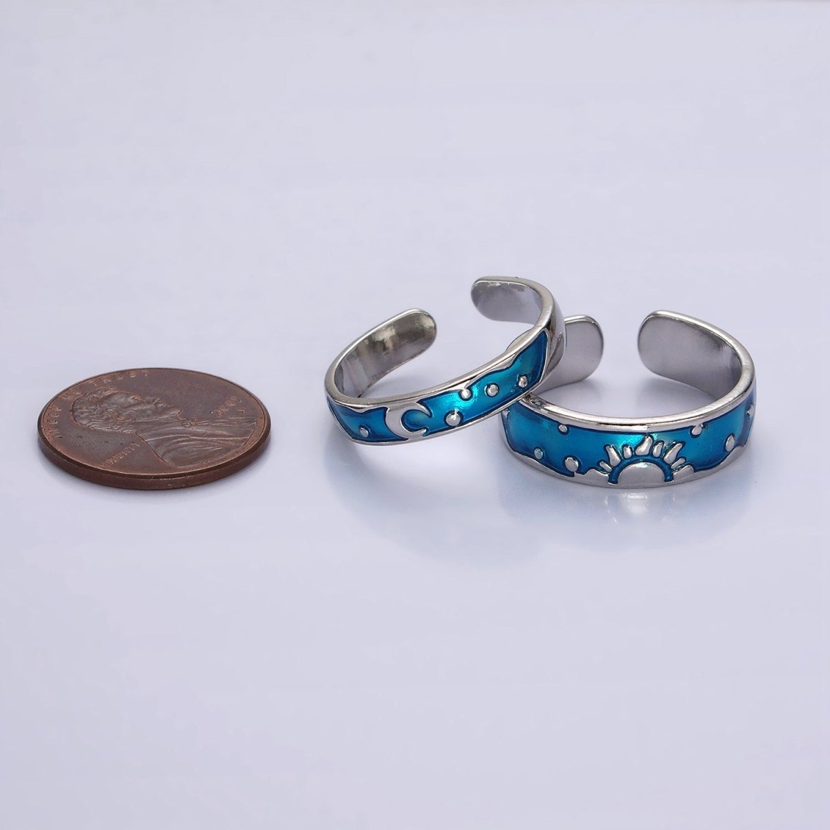 14K Gold Filled Celestial Sun Crescent Moon Blue Band Ring Set in Silver & Gold | O1070 O1071