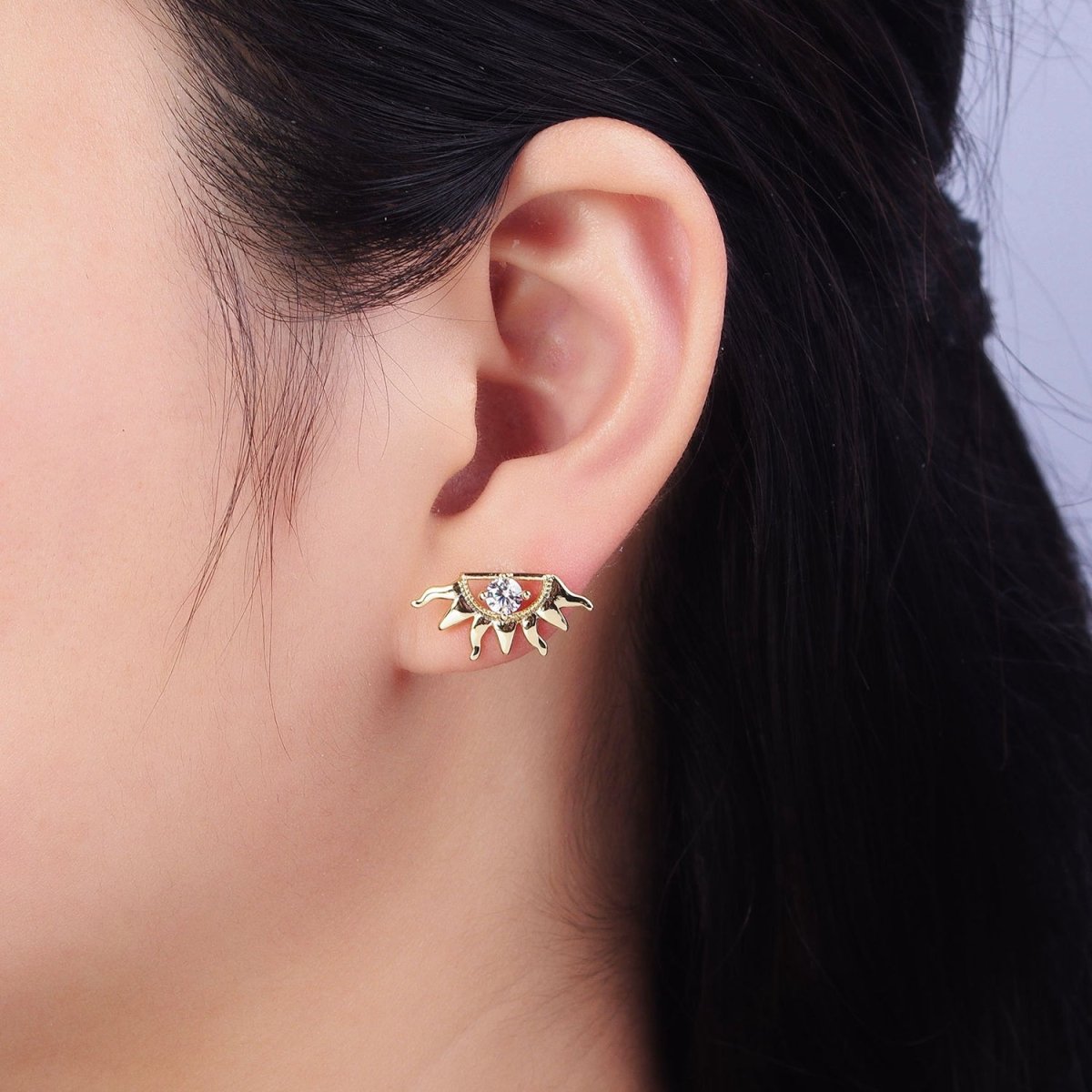 14K Gold Filled Celestial Sun Ray Beam Evil Eye Clear CZ Stud Earrings | AD1386 - DLUXCA