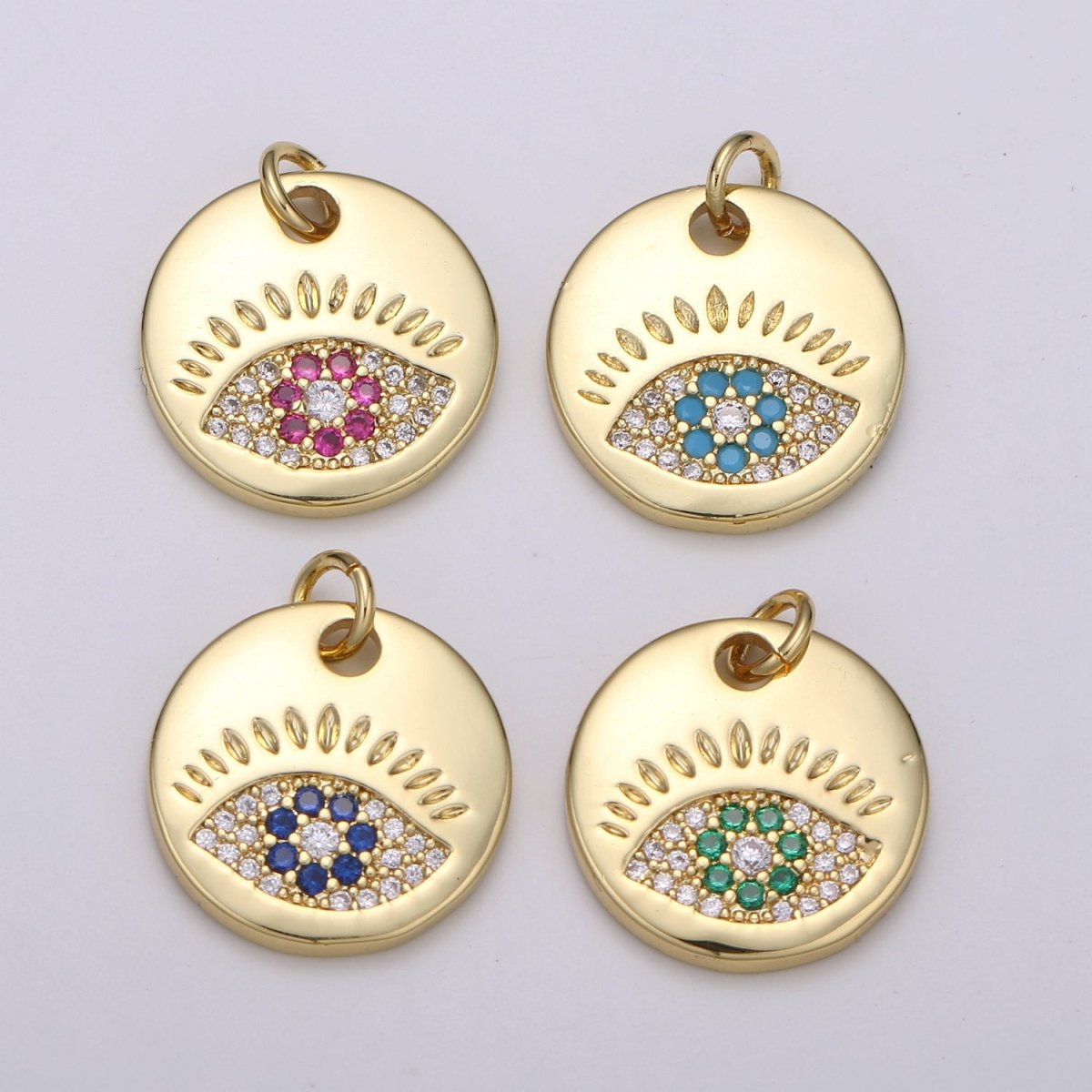 14k Gold Filled Charm CZ Micro Pave Evil Eye Round Coin Pendant Medallion Charm Cubic Zirconia Charm for Necklace Bracelet Supply E-051 - E-054