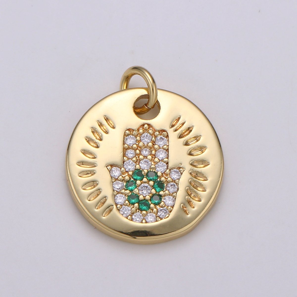 14k Gold Filled Charm CZ Micro Pave Hamsa Hand Round Coin Pendant Medallion Charm Cubic Zirconia Charm for Necklace Bracelet Supply E-056~E-059