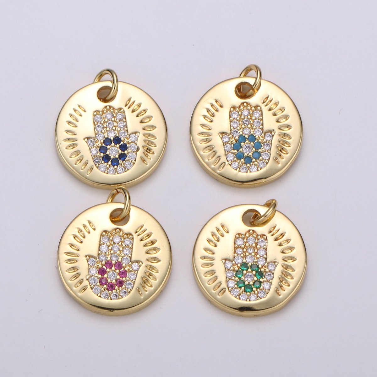 14k Gold Filled Charm CZ Micro Pave Hamsa Hand Round Coin Pendant Medallion Charm Cubic Zirconia Charm for Necklace Bracelet Supply E-056~E-059