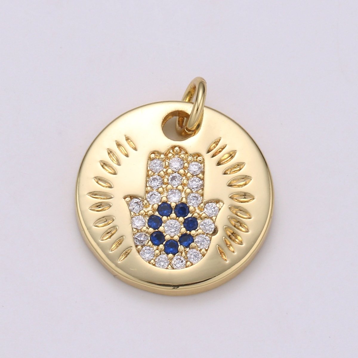 14k Gold Filled Charm CZ Micro Pave Hamsa Hand Round Coin Pendant Medallion Charm Cubic Zirconia Charm for Necklace Bracelet Supply E-056~E-059