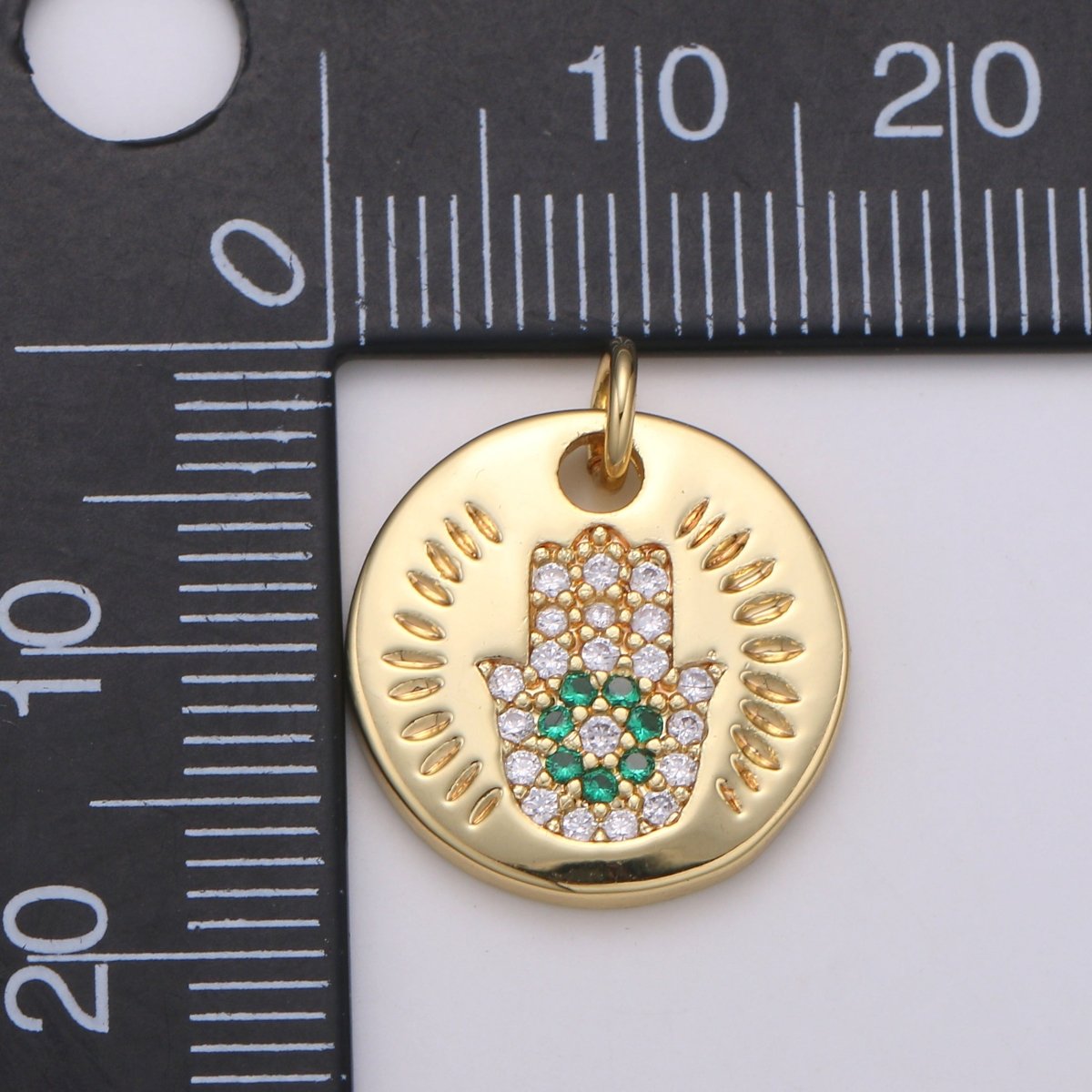 14k Gold Filled Charm CZ Micro Pave Hamsa Hand Round Coin Pendant Medallion Charm Cubic Zirconia Charm for Necklace Bracelet Supply E-056~E-059