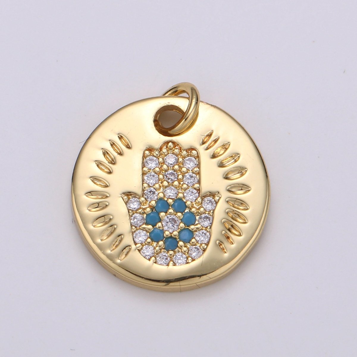 14k Gold Filled Charm CZ Micro Pave Hamsa Hand Round Coin Pendant Medallion Charm Cubic Zirconia Charm for Necklace Bracelet Supply E-056~E-059