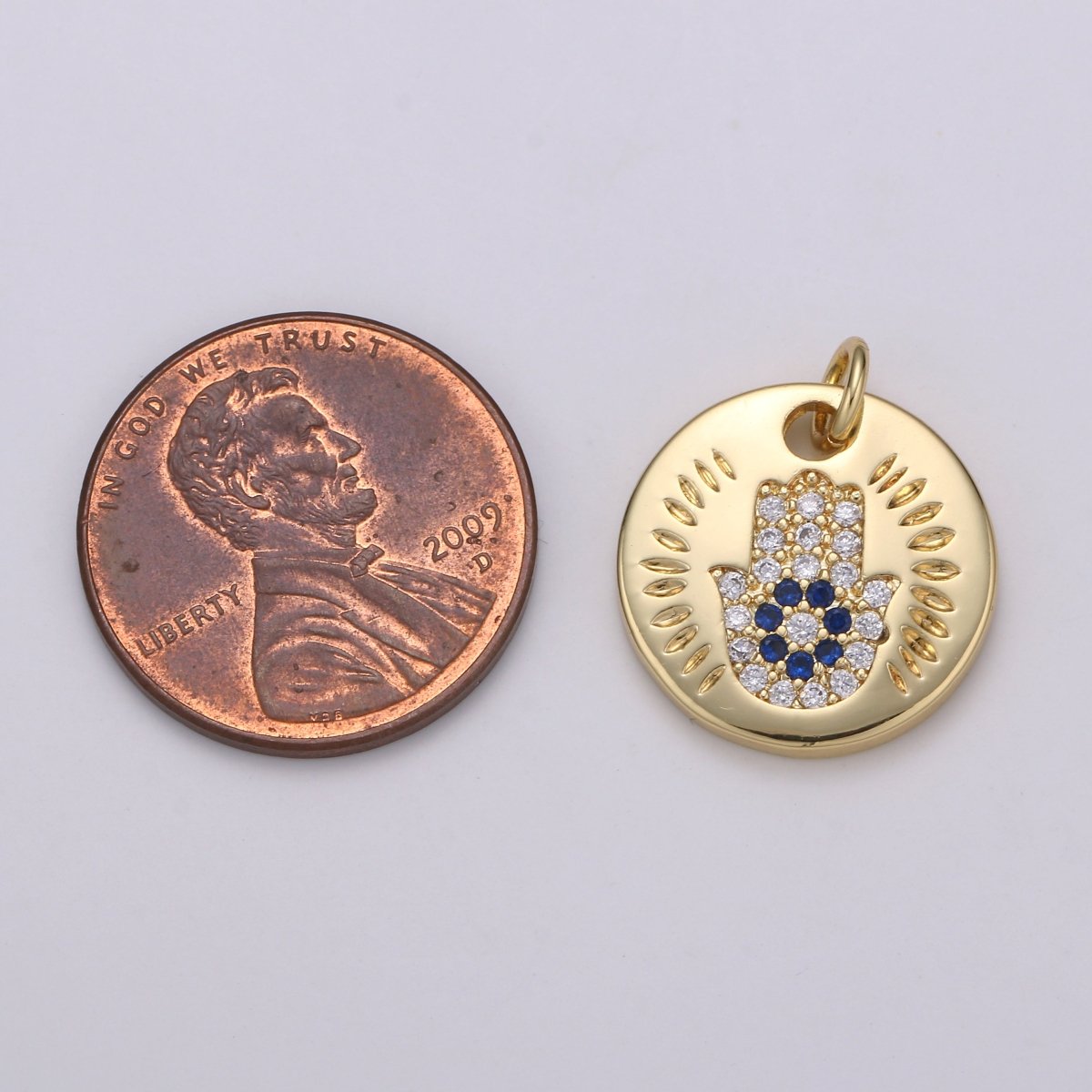 14k Gold Filled Charm CZ Micro Pave Hamsa Hand Round Coin Pendant Medallion Charm Cubic Zirconia Charm for Necklace Bracelet Supply E-056~E-059