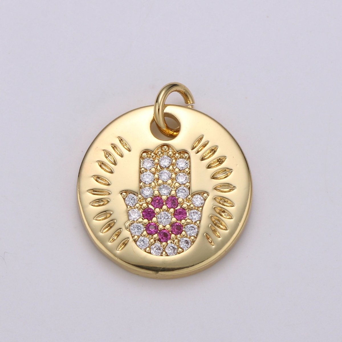 14k Gold Filled Charm CZ Micro Pave Hamsa Hand Round Coin Pendant Medallion Charm Cubic Zirconia Charm for Necklace Bracelet Supply E-056~E-059