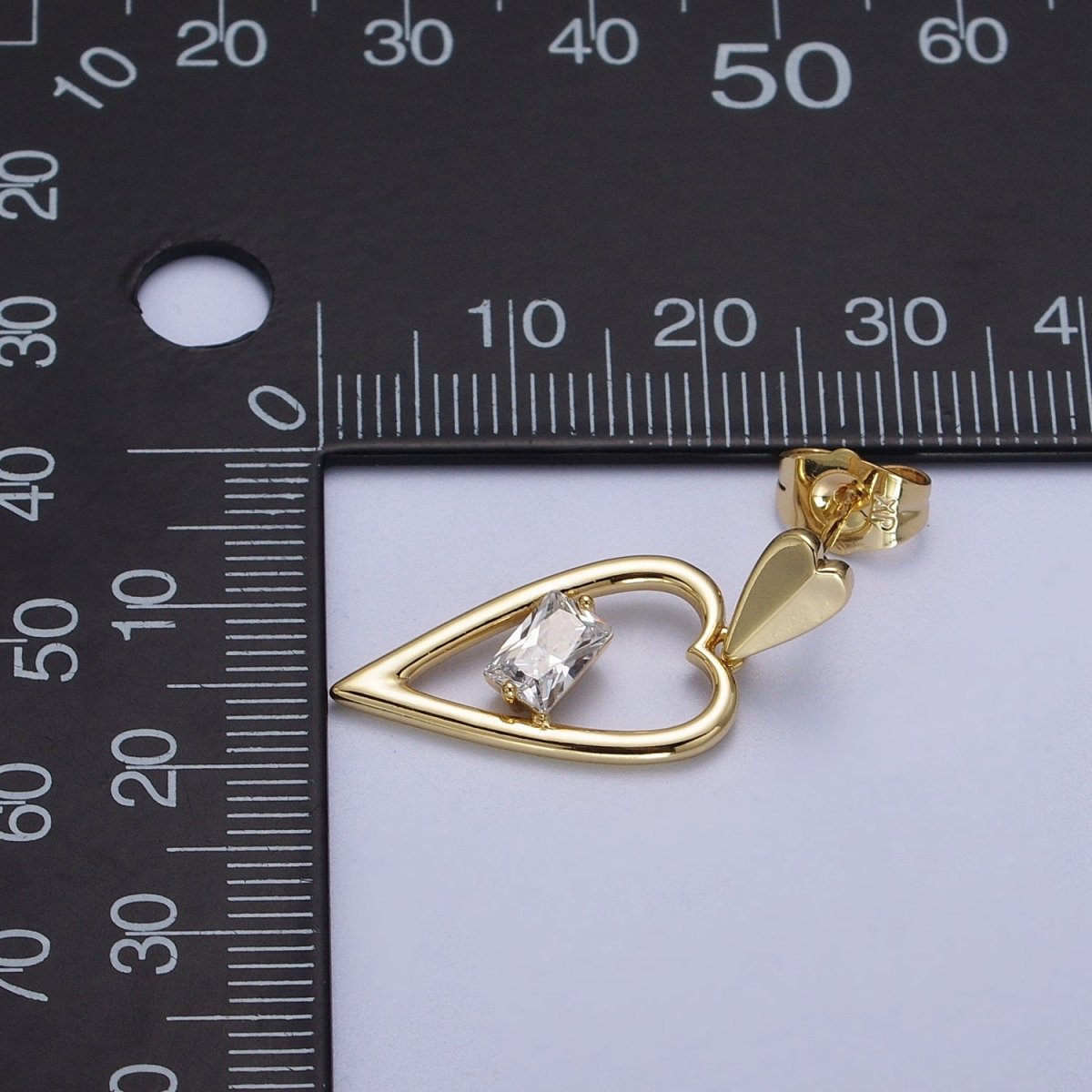 14K Gold Filled Clear Baguette CZ Heart Drop Dangle Stud Earrings | V-006 - DLUXCA
