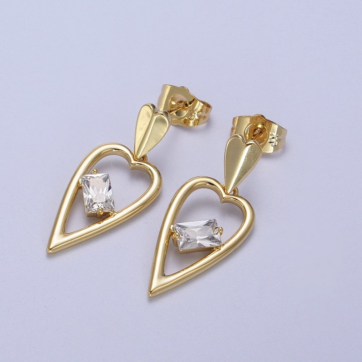 14K Gold Filled Clear Baguette CZ Heart Drop Dangle Stud Earrings | V-006 - DLUXCA