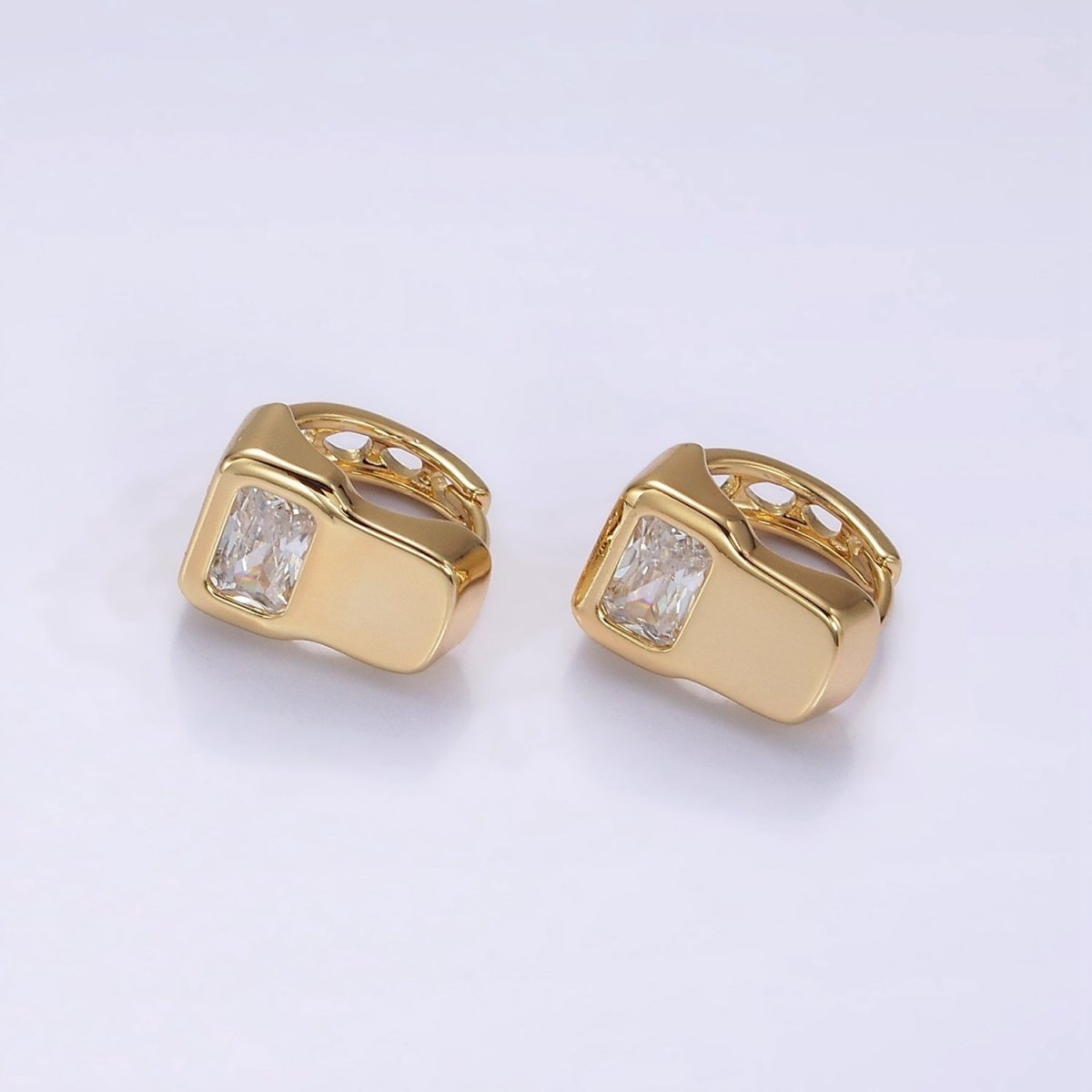 14K Gold Filled Clear Baguette Geometric Wide Rectangular Band Huggie Earrings | AE938 - DLUXCA