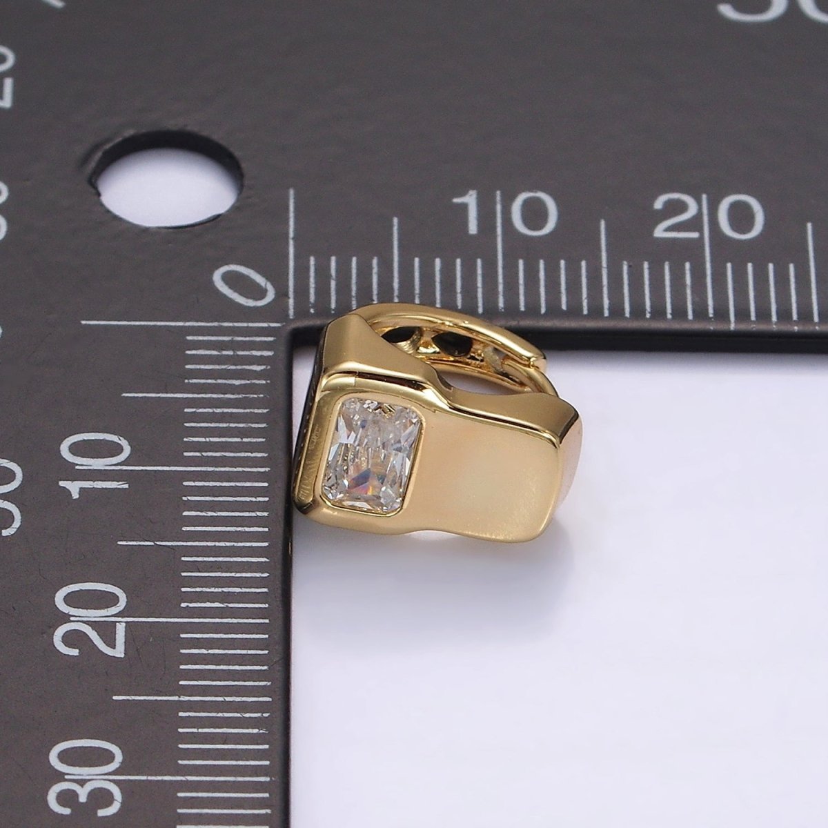 14K Gold Filled Clear Baguette Geometric Wide Rectangular Band Huggie Earrings | AE938 - DLUXCA