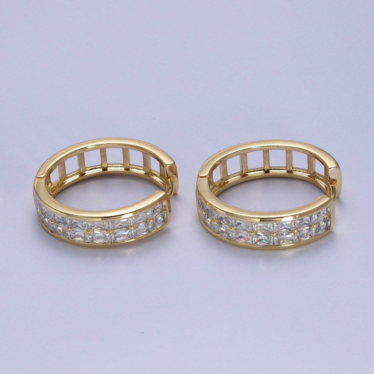 14K Gold Filled Clear Baguette Lined 22mm, 15mm Huggie Hoop Earrings | V-023 V-028