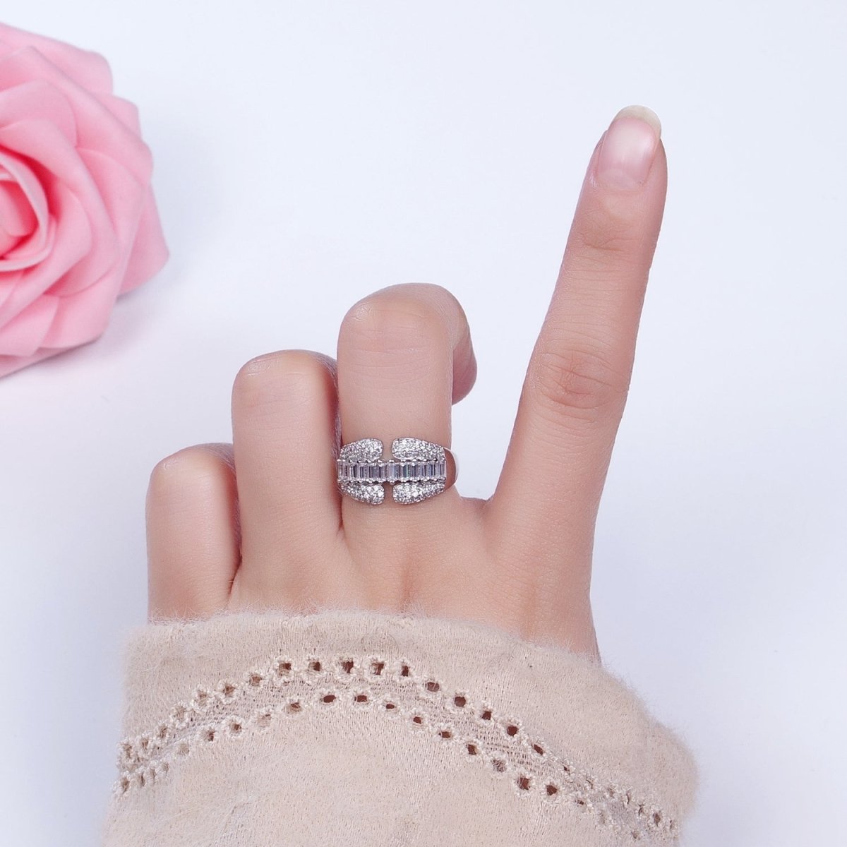 14K Gold Filled Clear Baguette Micro Paved CZ Claw Ring in Gold & Silver | O-1557 O-1558