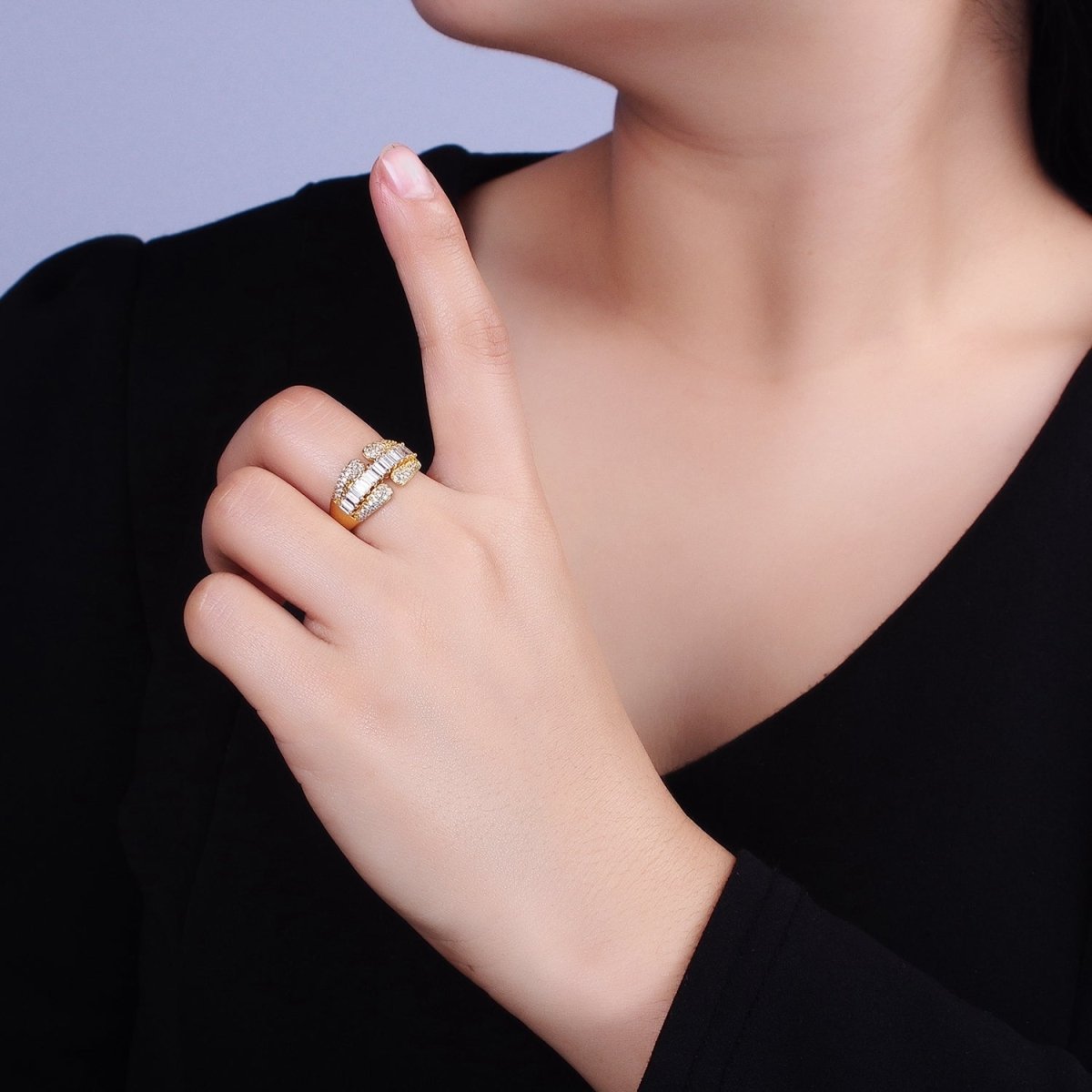 14K Gold Filled Clear Baguette Micro Paved CZ Claw Ring in Gold & Silver | O-1557 O-1558