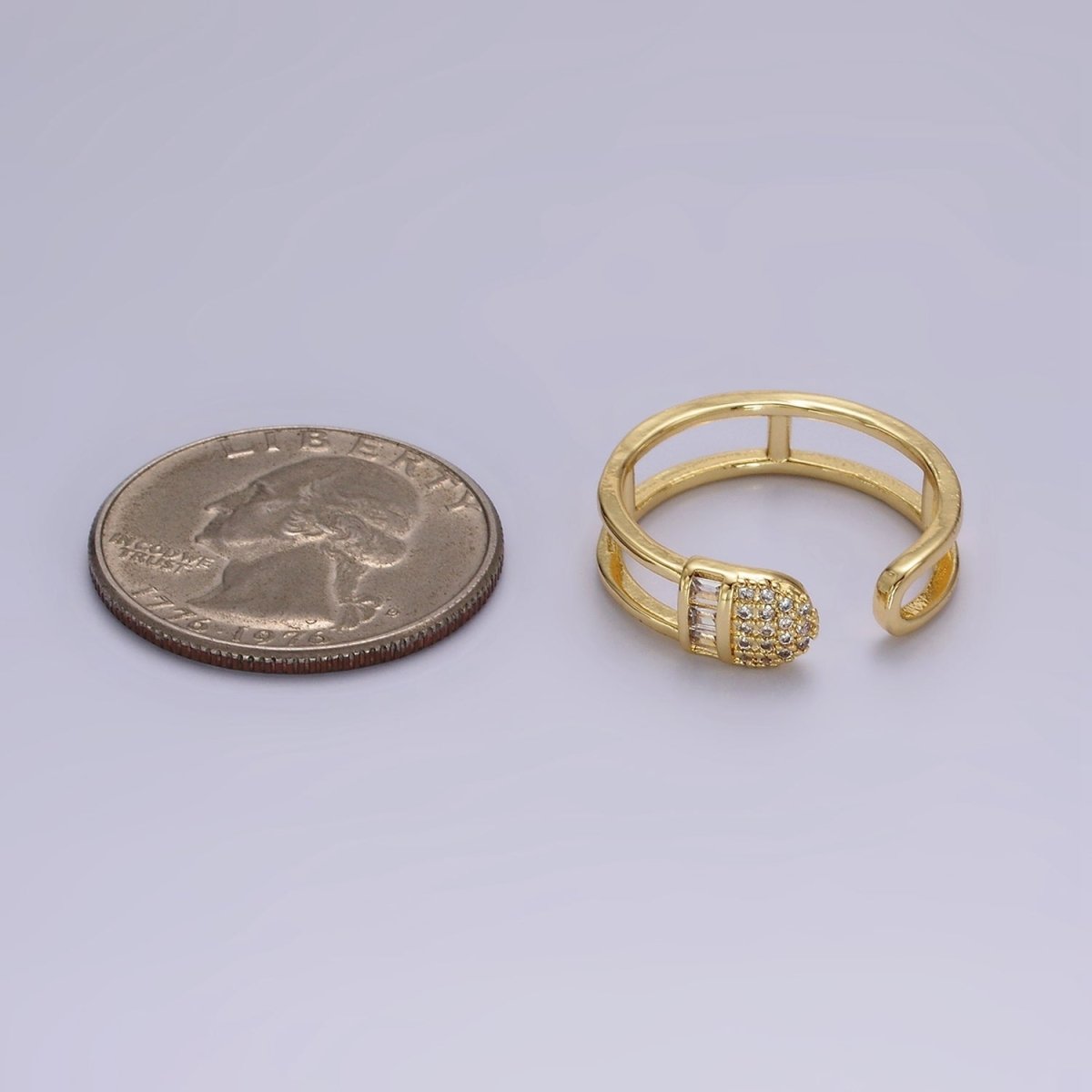14K Gold Filled Clear Baguette Micro Paved CZ Rounded Wrap Open Double Band Ring | O1165