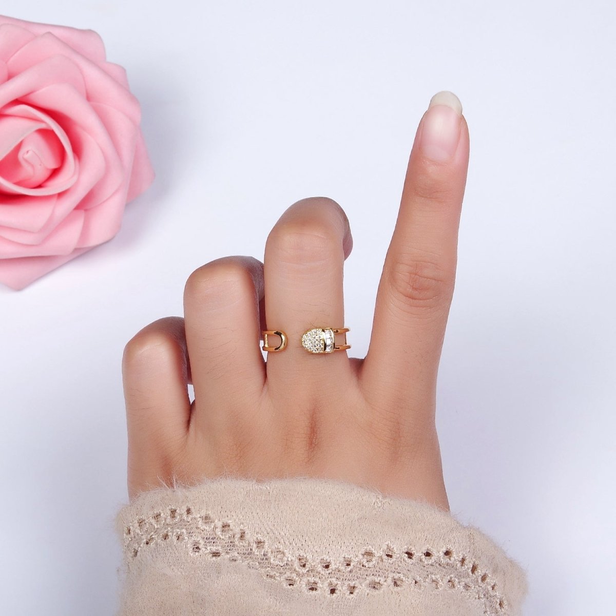 14K Gold Filled Clear Baguette Micro Paved CZ Rounded Wrap Open Double Band Ring | O1165