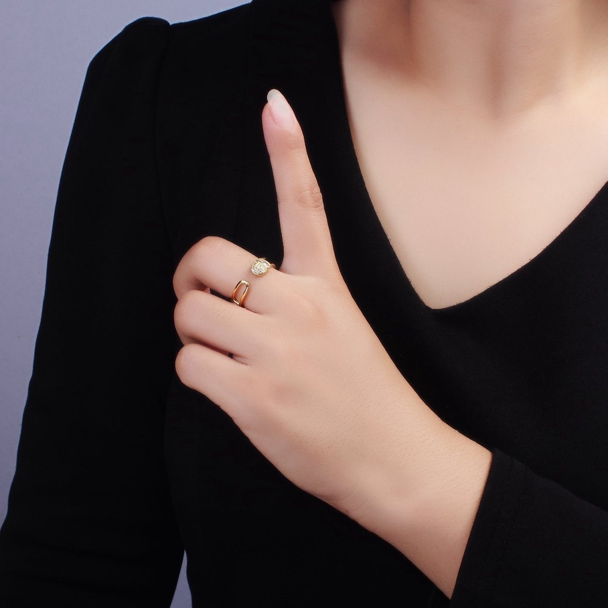 14K Gold Filled Clear Baguette Micro Paved CZ Rounded Wrap Open Double Band Ring | O1165