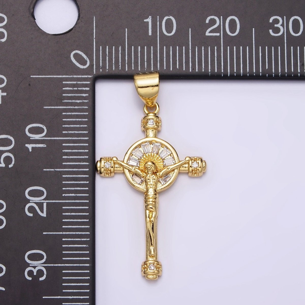 14K Gold Filled Clear Baguette Sun Ray Round Crucifix Cross Pendant | AA611