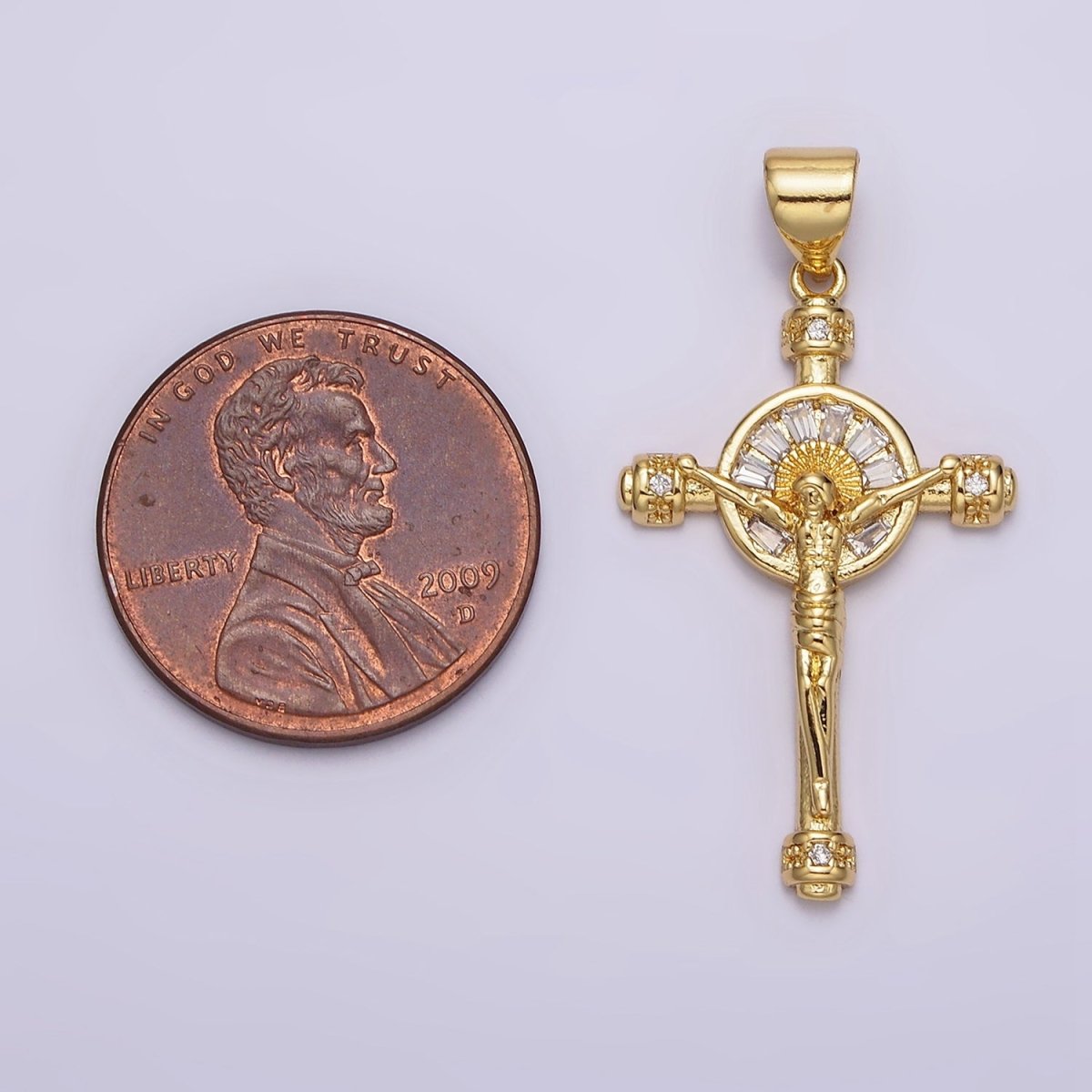 14K Gold Filled Clear Baguette Sun Ray Round Crucifix Cross Pendant | AA611