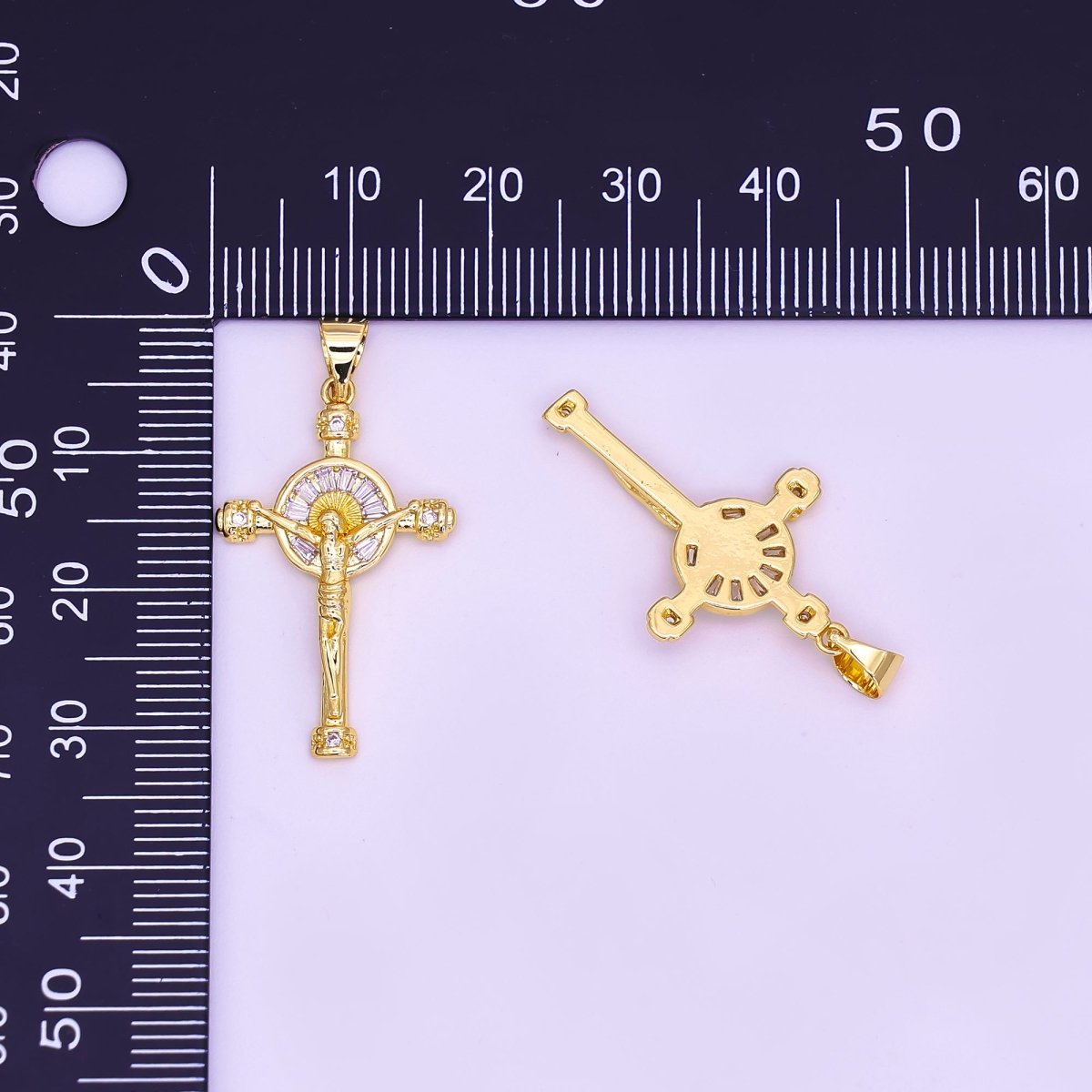 14K Gold Filled Clear Baguette Sun Ray Round Crucifix Cross Pendant | AA611 - DLUXCA