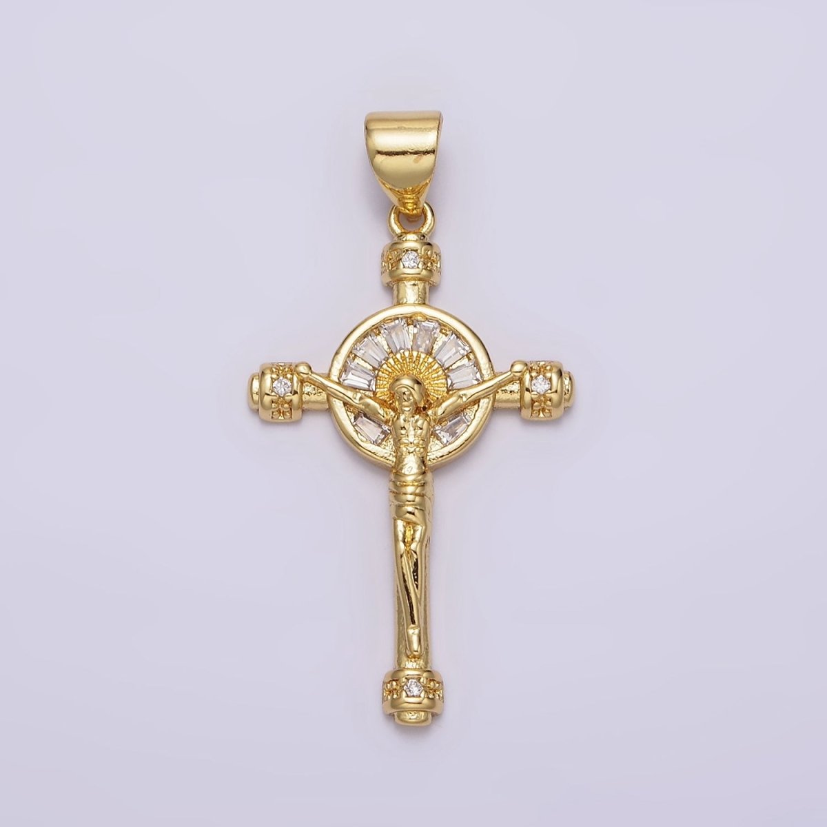 14K Gold Filled Clear Baguette Sun Ray Round Crucifix Cross Pendant | AA611
