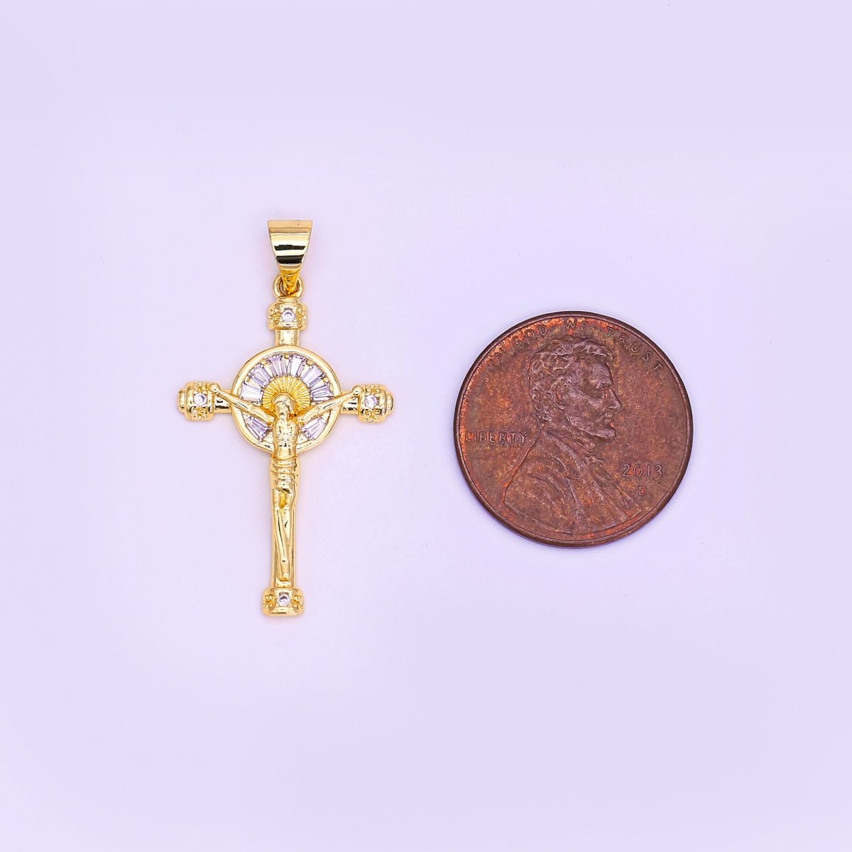 14K Gold Filled Clear Baguette Sun Ray Round Crucifix Cross Pendant | AA611 - DLUXCA