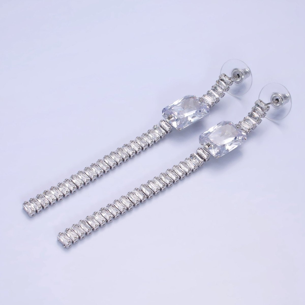 14K Gold Filled Clear Baguette Tennis Chain Drop Stud Earrings in Gold & Silver | AE509 AE510