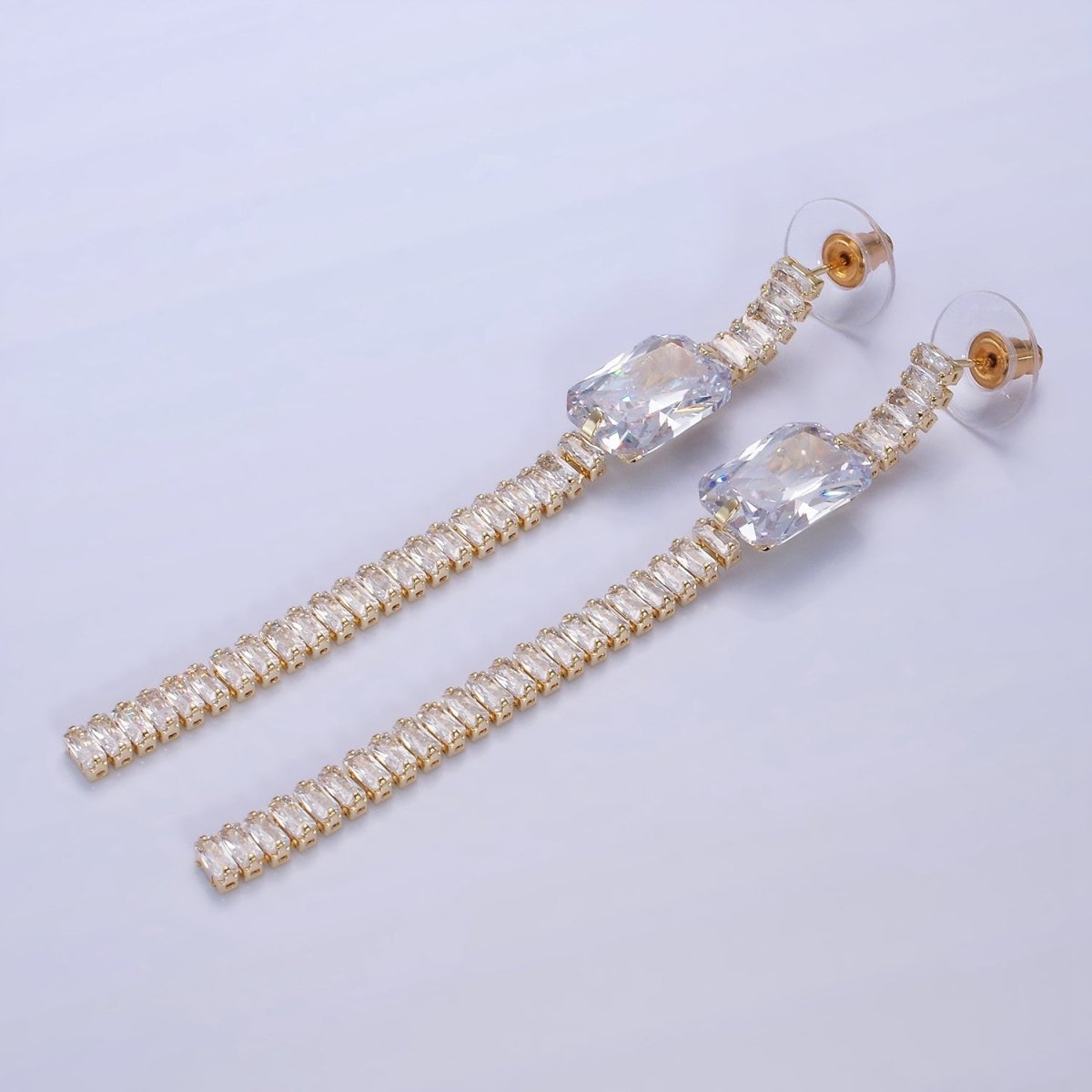 14K Gold Filled Clear Baguette Tennis Chain Drop Stud Earrings in Gold & Silver | AE509 AE510