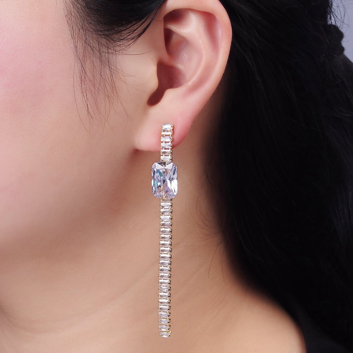 14K Gold Filled Clear Baguette Tennis Chain Drop Stud Earrings in Gold & Silver | AE509 AE510