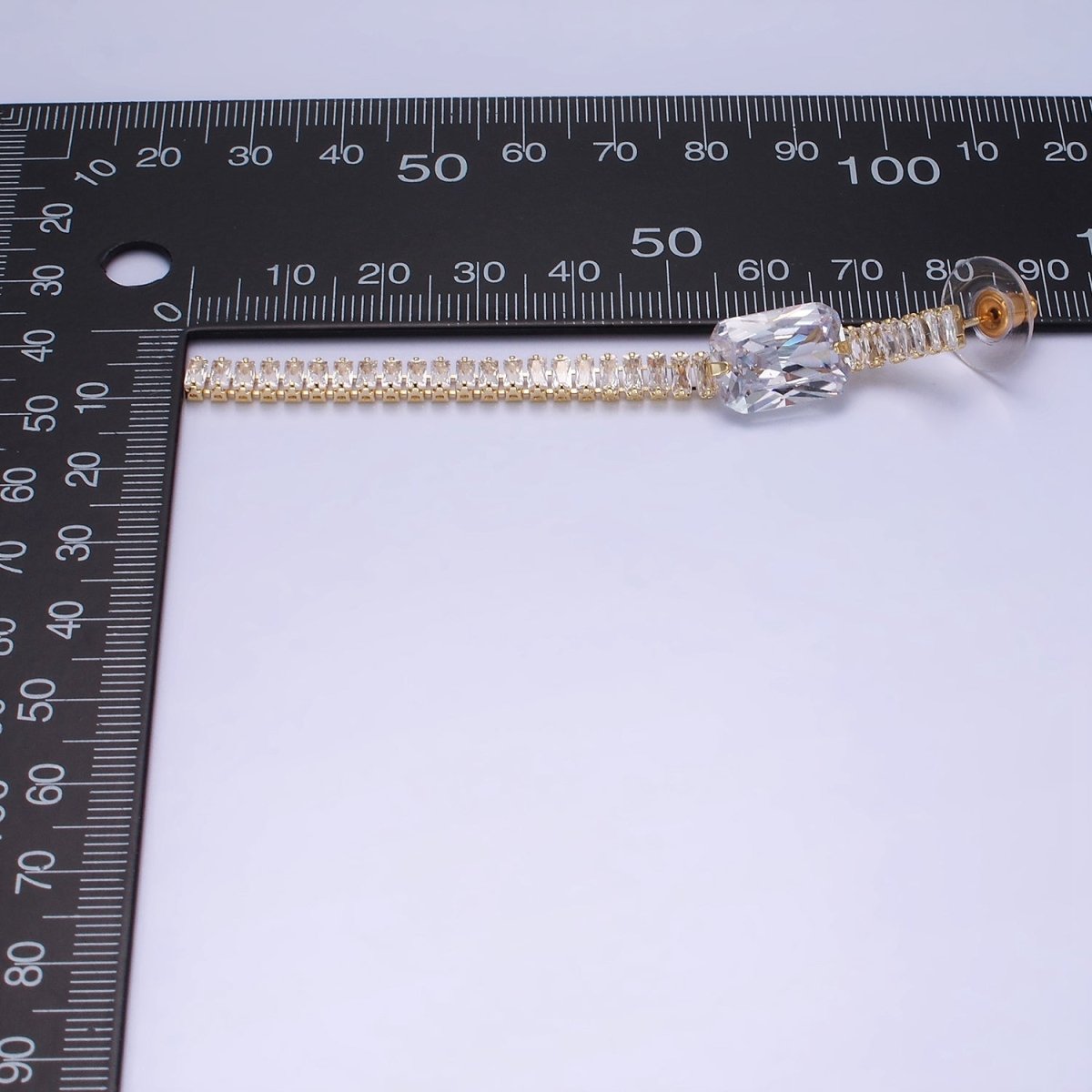 14K Gold Filled Clear Baguette Tennis Chain Drop Stud Earrings in Gold & Silver | AE509 AE510