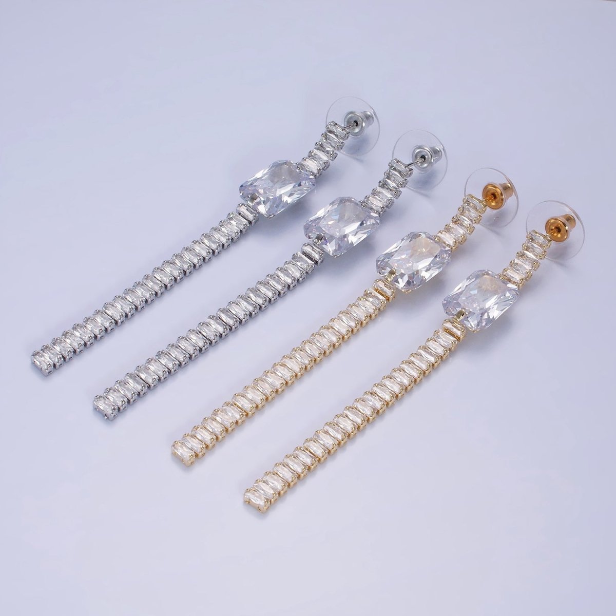 14K Gold Filled Clear Baguette Tennis Chain Drop Stud Earrings in Gold & Silver | AE509 AE510