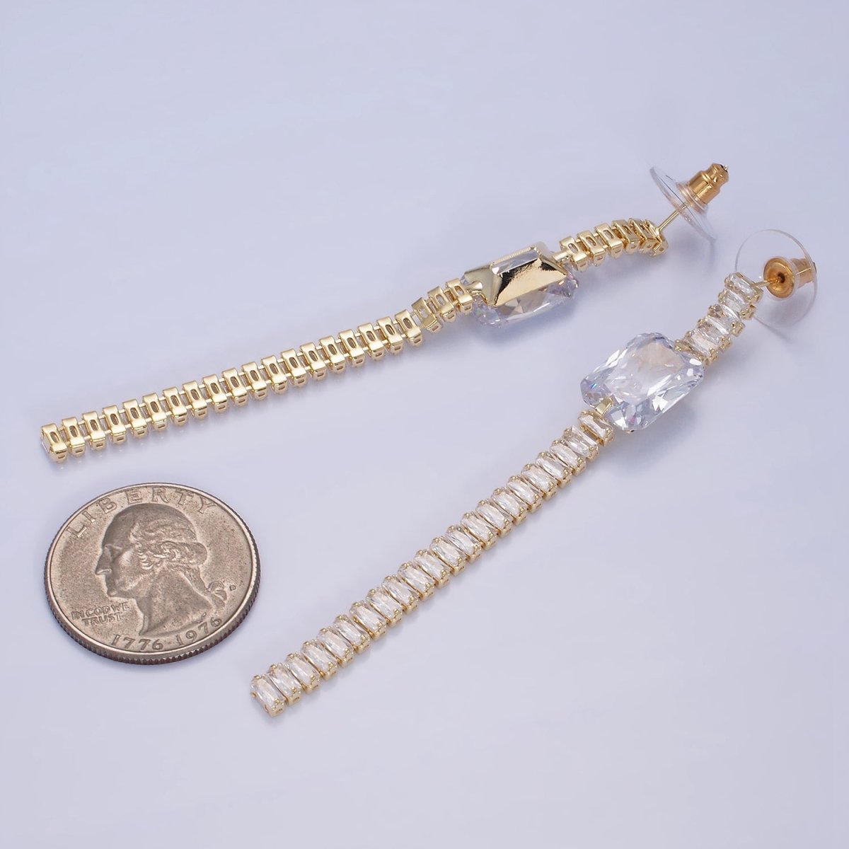 14K Gold Filled Clear Baguette Tennis Chain Drop Stud Earrings in Gold & Silver | AE509 AE510