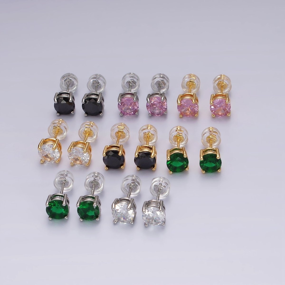 14K Gold Filled Clear, Black, Pink, Green CZ Stud Earrings in Gold & Silver | V300 - V307