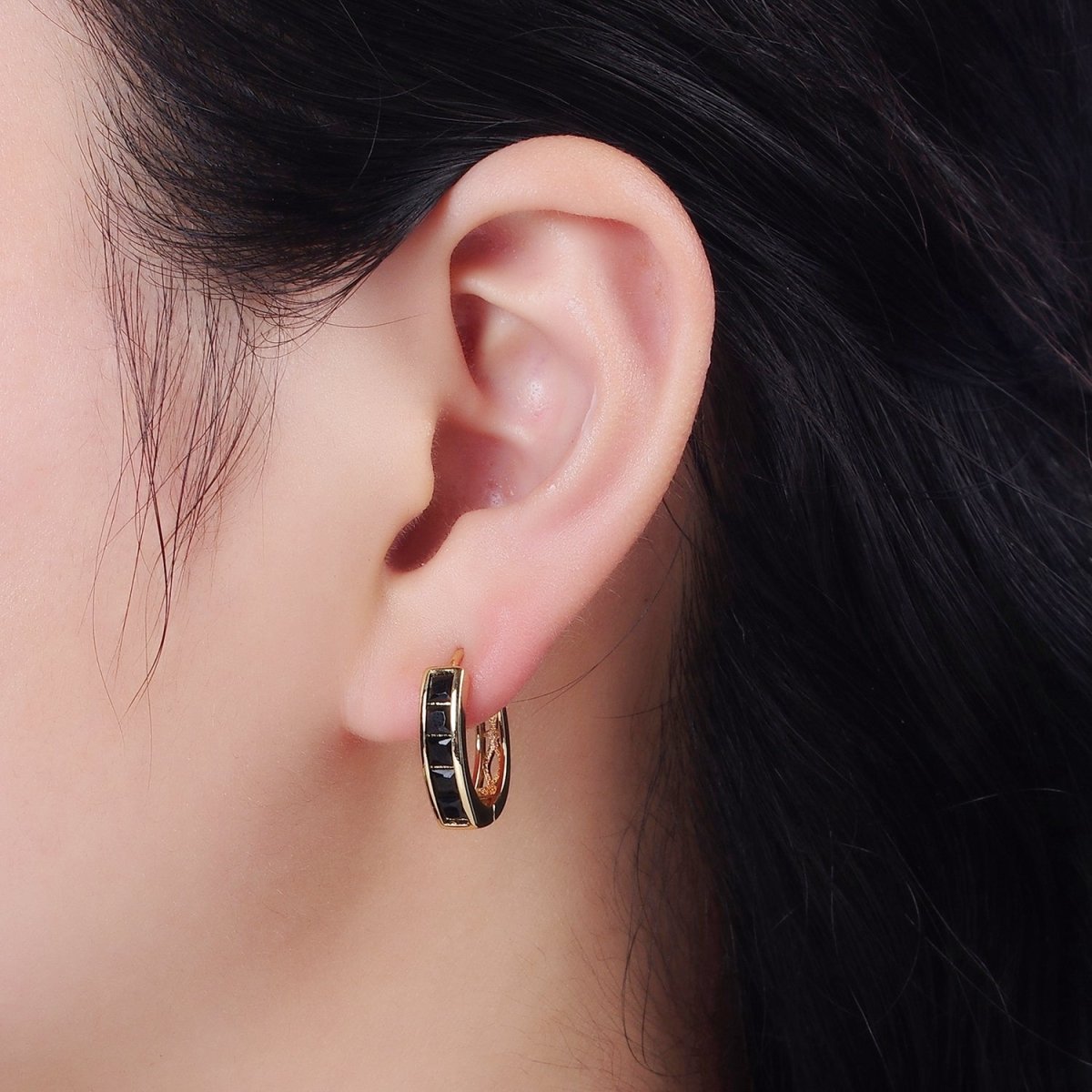 14K Gold Filled Clear, Black Square Baguette CZ Lined Oval Huggie | AE630 AE631