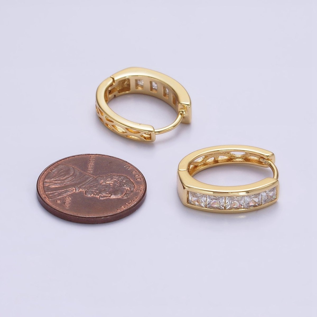 14K Gold Filled Clear, Black Square Baguette CZ Lined Oval Huggie | AE630 AE631