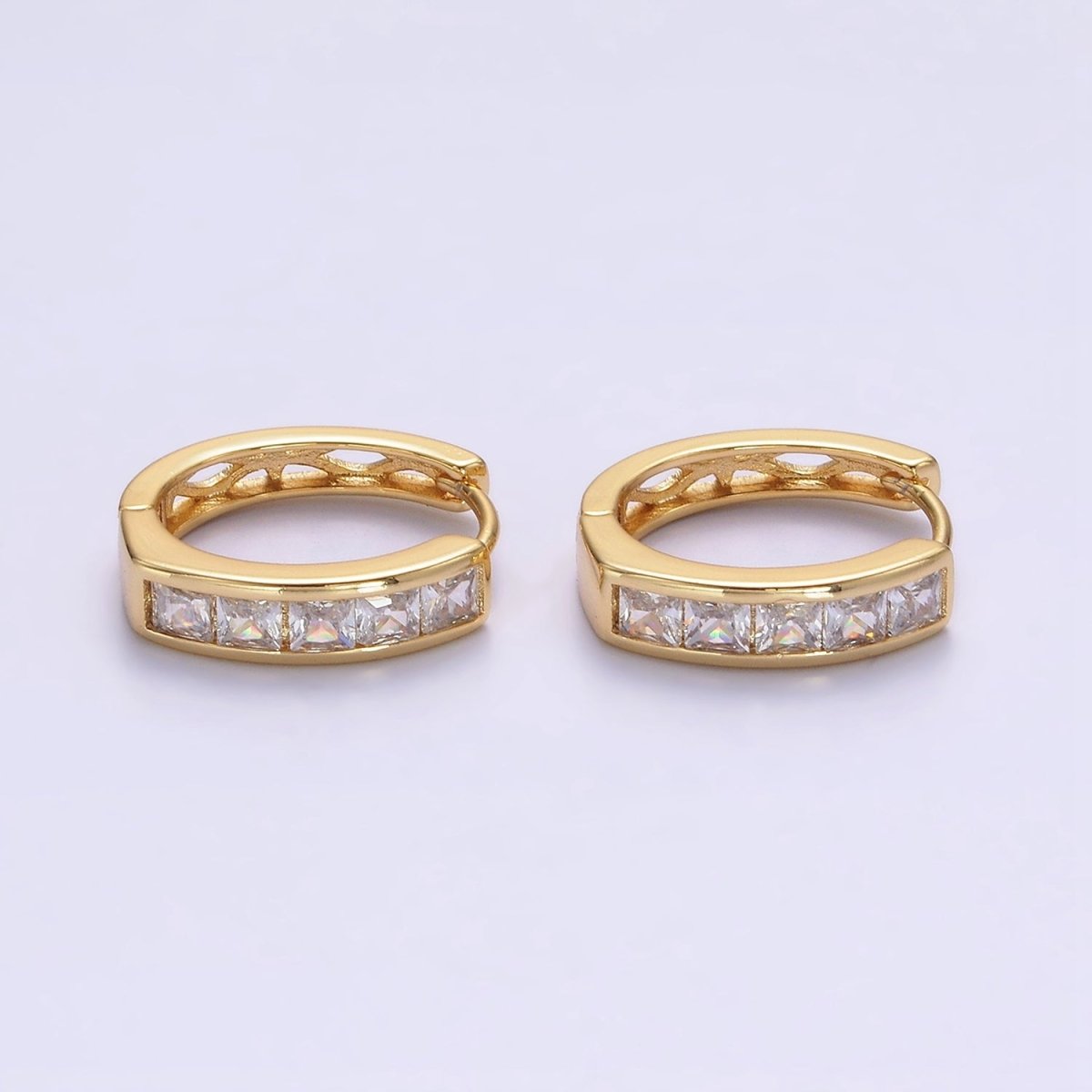 14K Gold Filled Clear, Black Square Baguette CZ Lined Oval Huggie | AE630 AE631