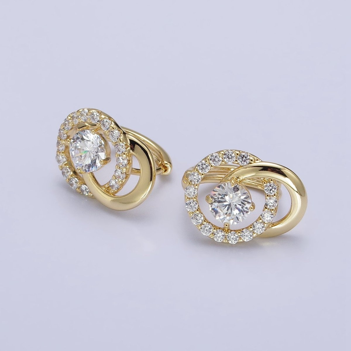 14K Gold Filled Clear, Blue CZ Double Round Micro Paved Geometric Huggie Earrings | AD1459 AD1460