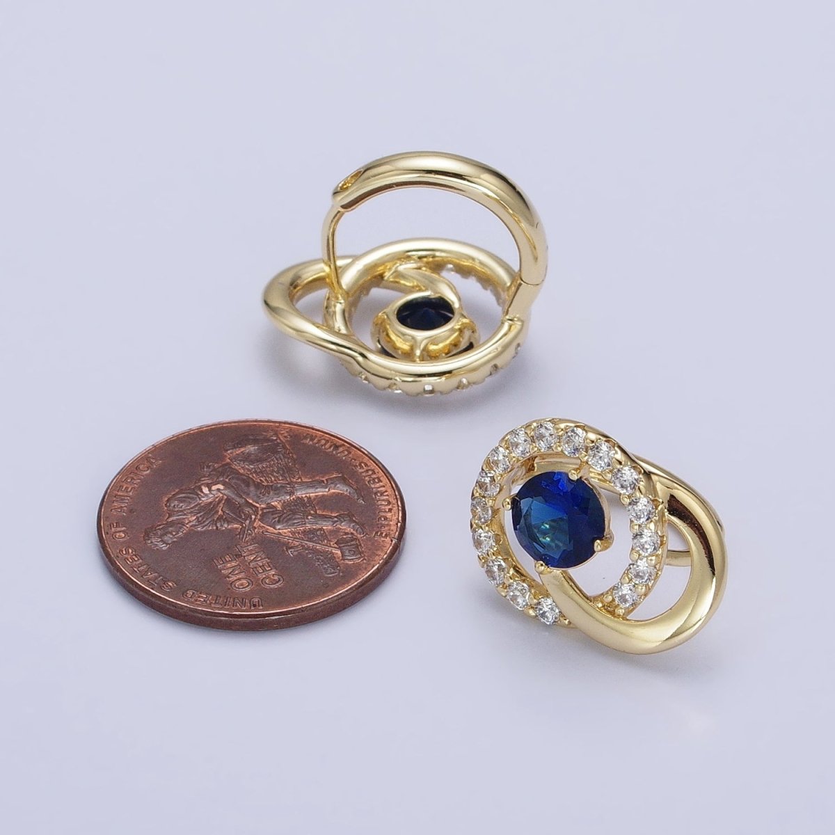 14K Gold Filled Clear, Blue CZ Double Round Micro Paved Geometric Huggie Earrings | AD1459 AD1460