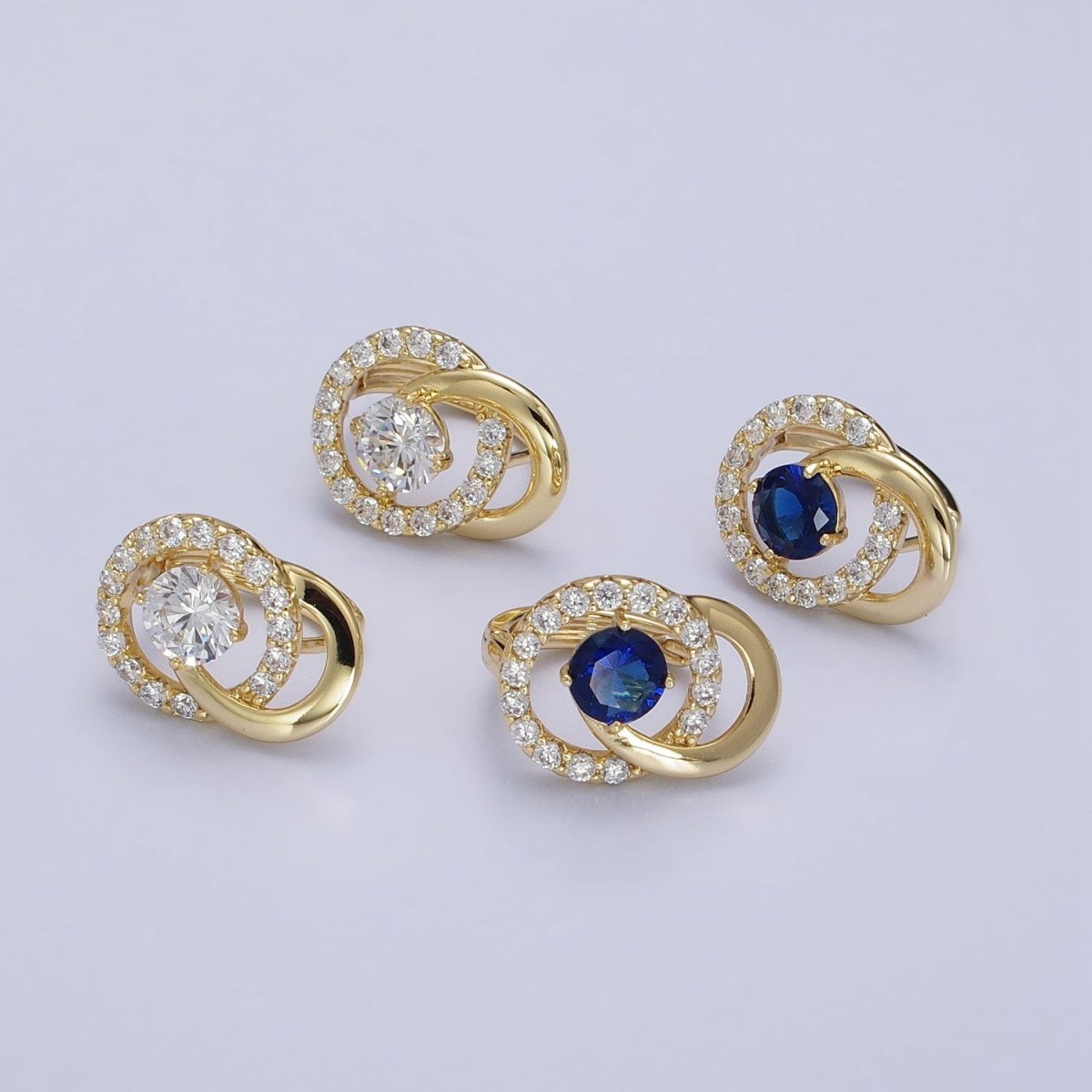 14K Gold Filled Clear, Blue CZ Double Round Micro Paved Geometric Huggie Earrings | AD1459 AD1460