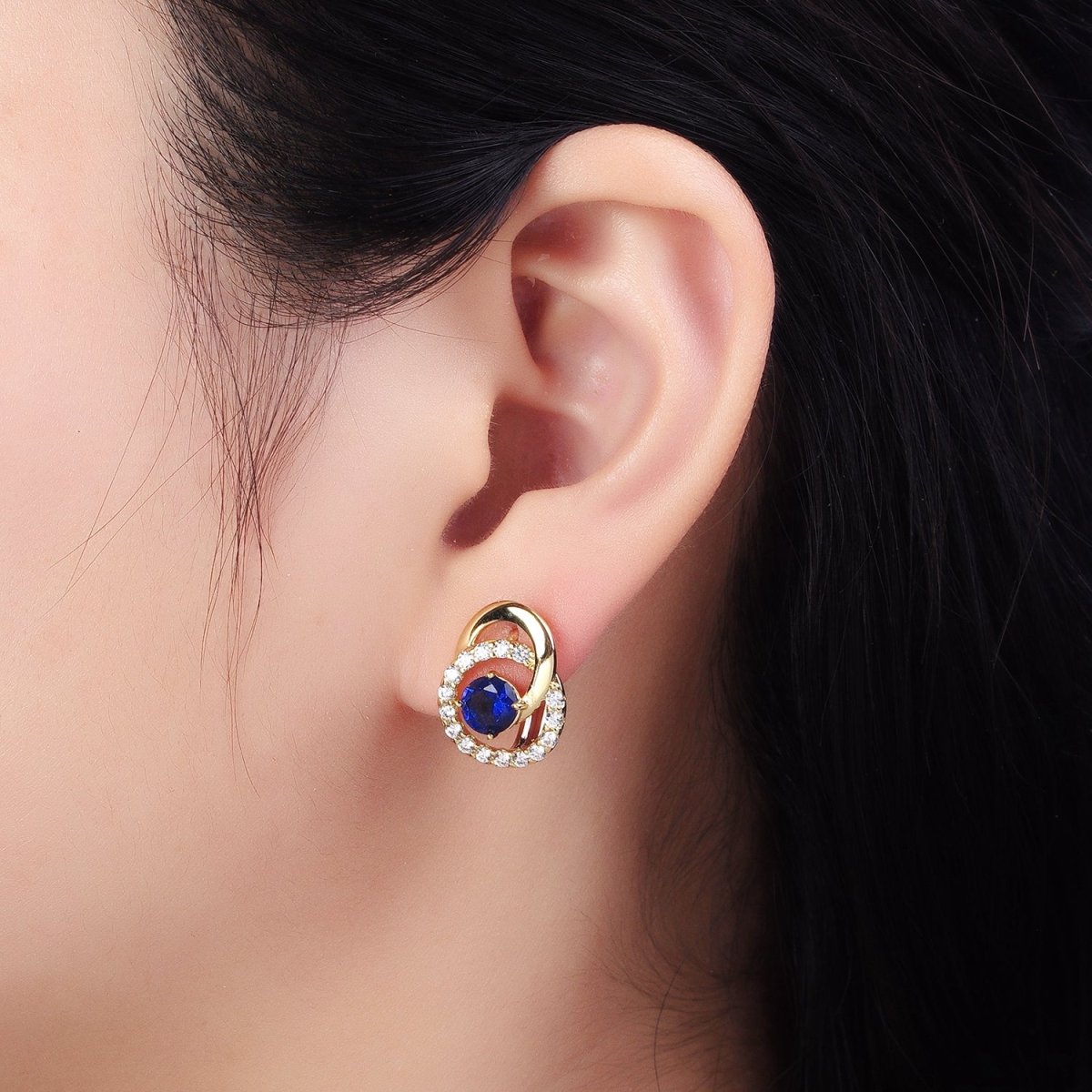 14K Gold Filled Clear, Blue CZ Double Round Micro Paved Geometric Huggie Earrings | AD1459 AD1460