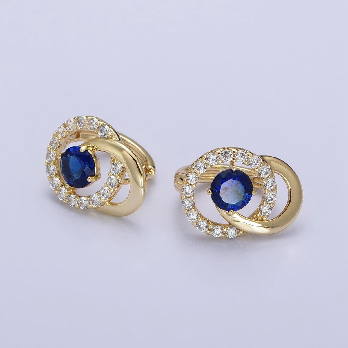 14K Gold Filled Clear, Blue CZ Double Round Micro Paved Geometric Huggie Earrings | AD1459 AD1460
