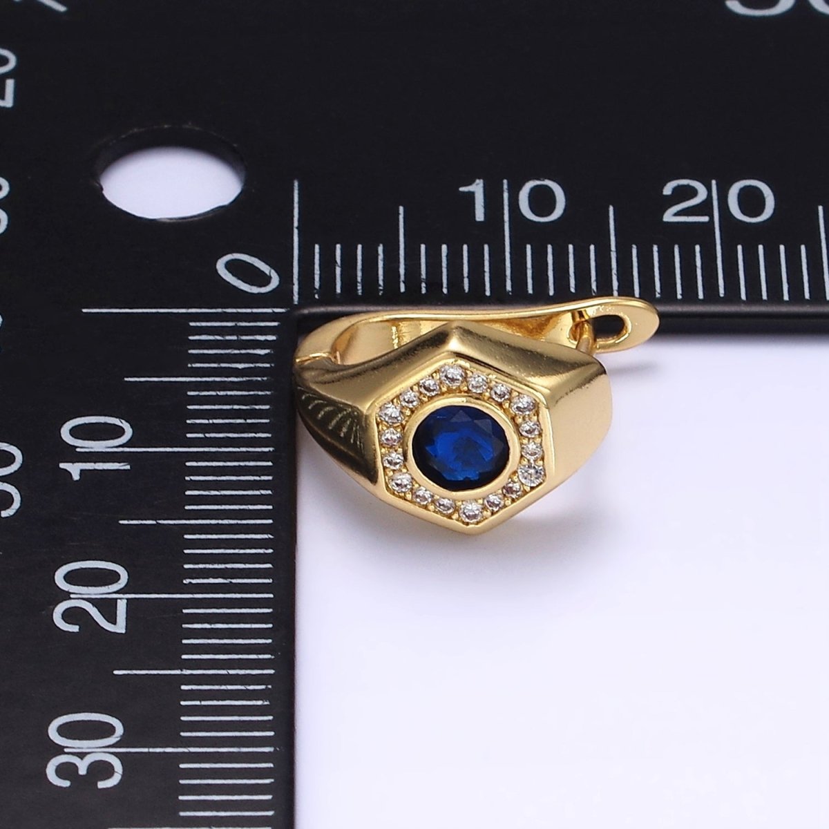 14K Gold Filled Clear, Blue CZ Micro Paved Hexagon English Lock Earrings | AB1178 AB1179