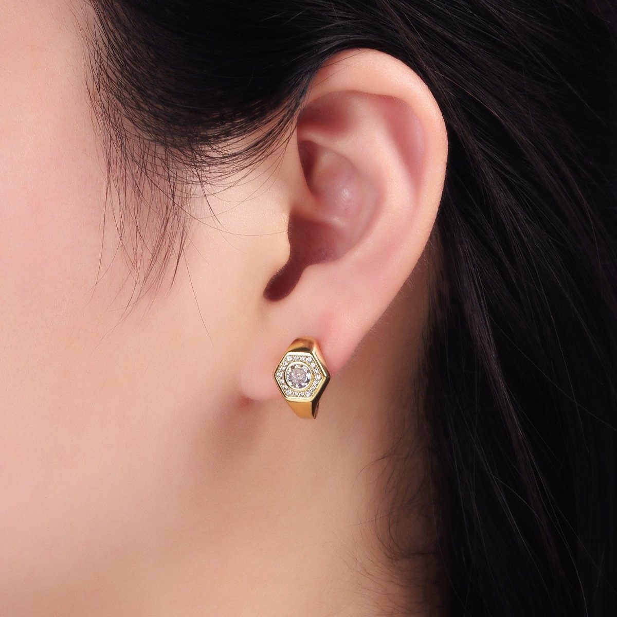 14K Gold Filled Clear, Blue CZ Micro Paved Hexagon English Lock Earrings | AB1178 AB1179