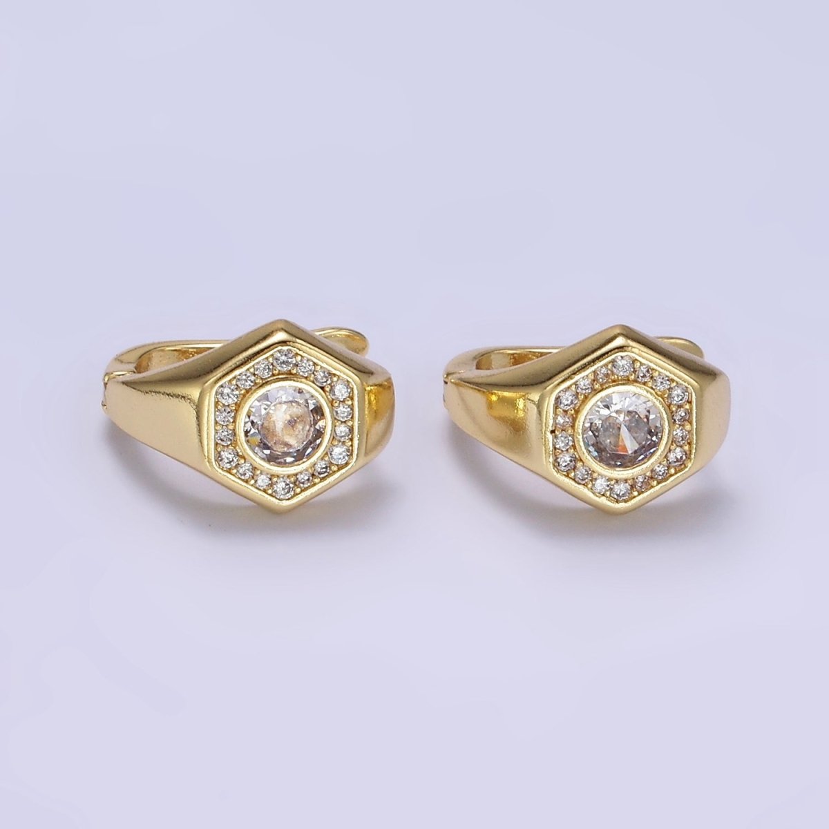 14K Gold Filled Clear, Blue CZ Micro Paved Hexagon English Lock Earrings | AB1178 AB1179