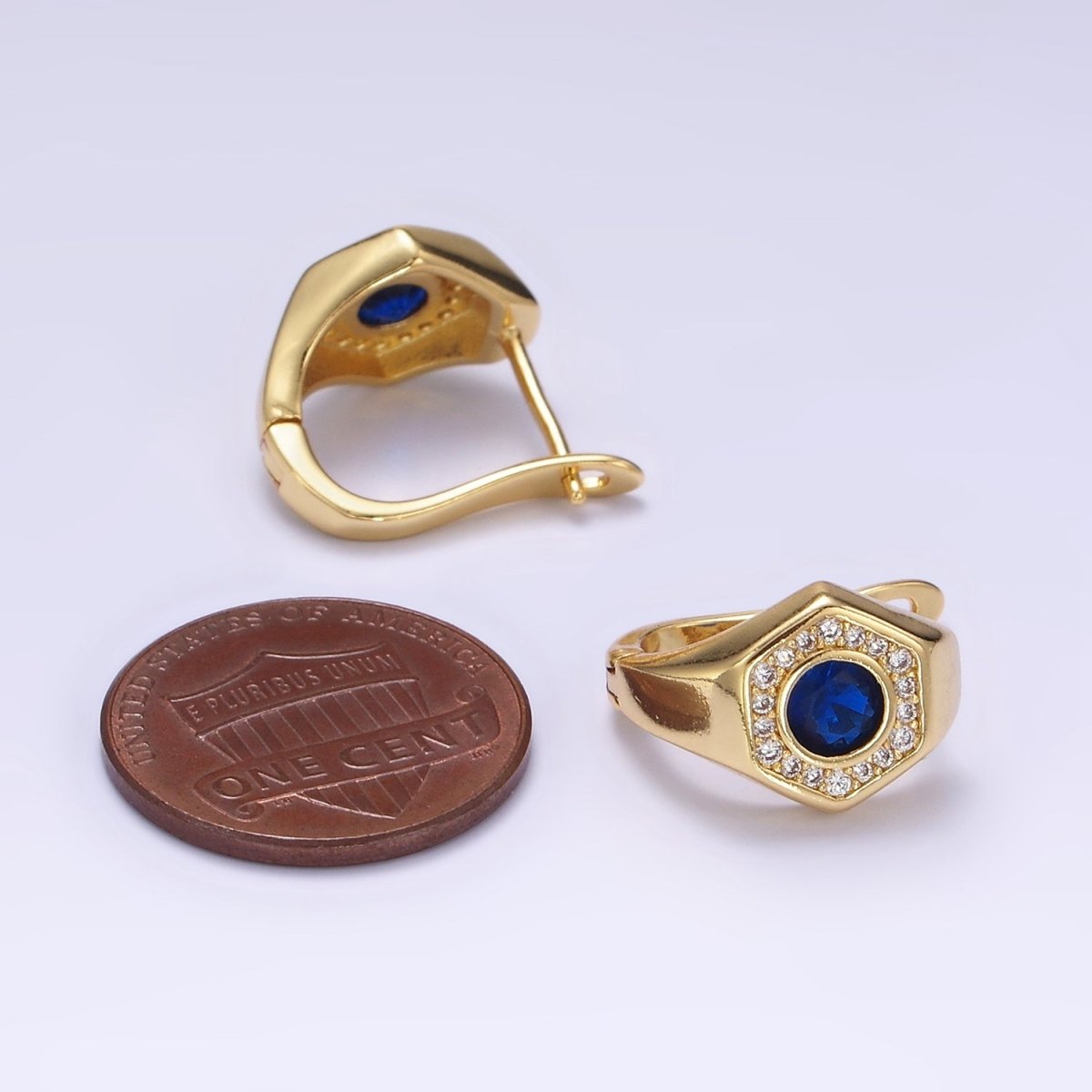 14K Gold Filled Clear, Blue CZ Micro Paved Hexagon English Lock Earrings | AB1178 AB1179